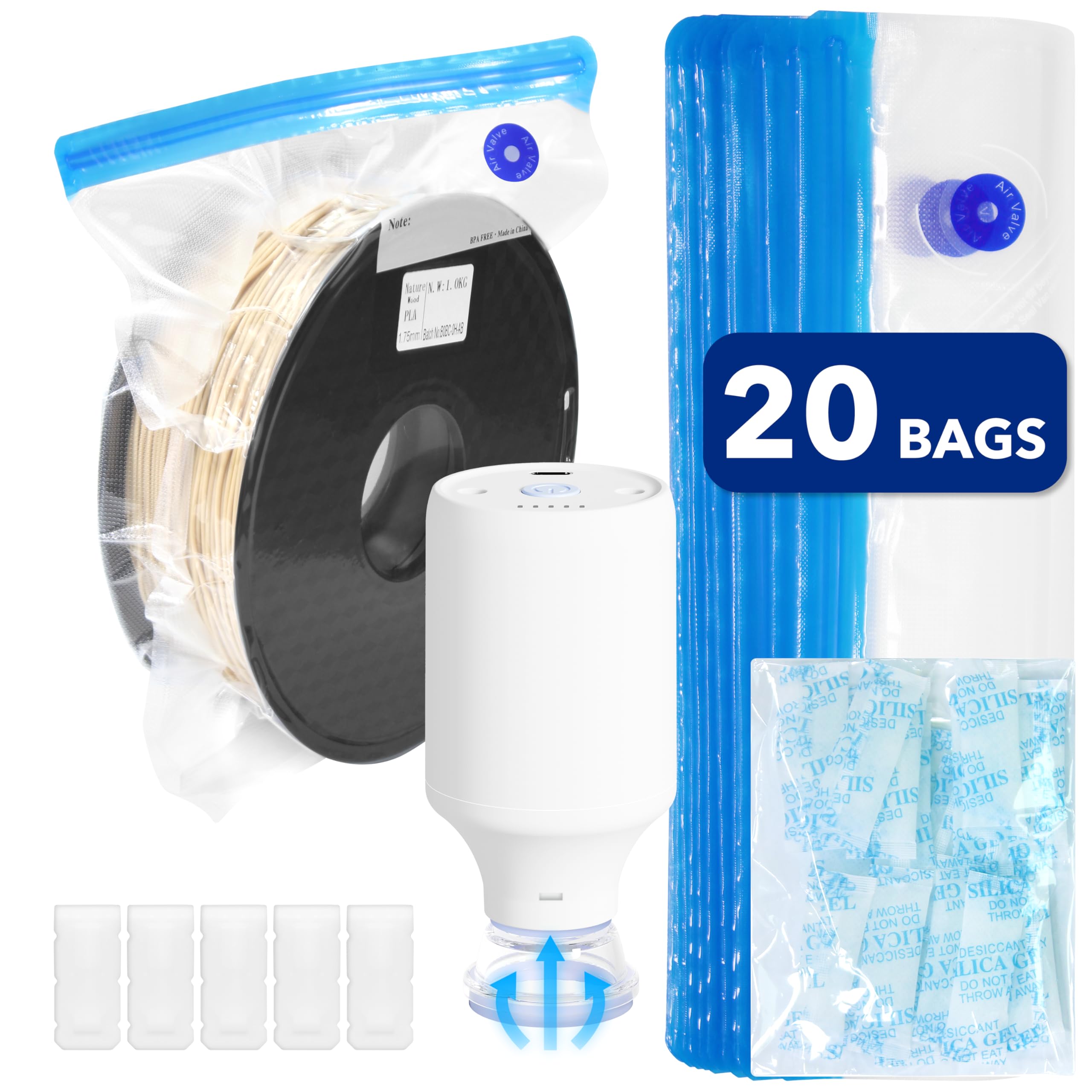Photo 1 of Filament Storage Bags 20PCS, 3D Filament Vacuum Bags Kit (12.6"x13.4") with Air Pump, 20 Desiccants, 5 Sealing Clips for 3D Printer Filament Storage for Filament Dryer Box