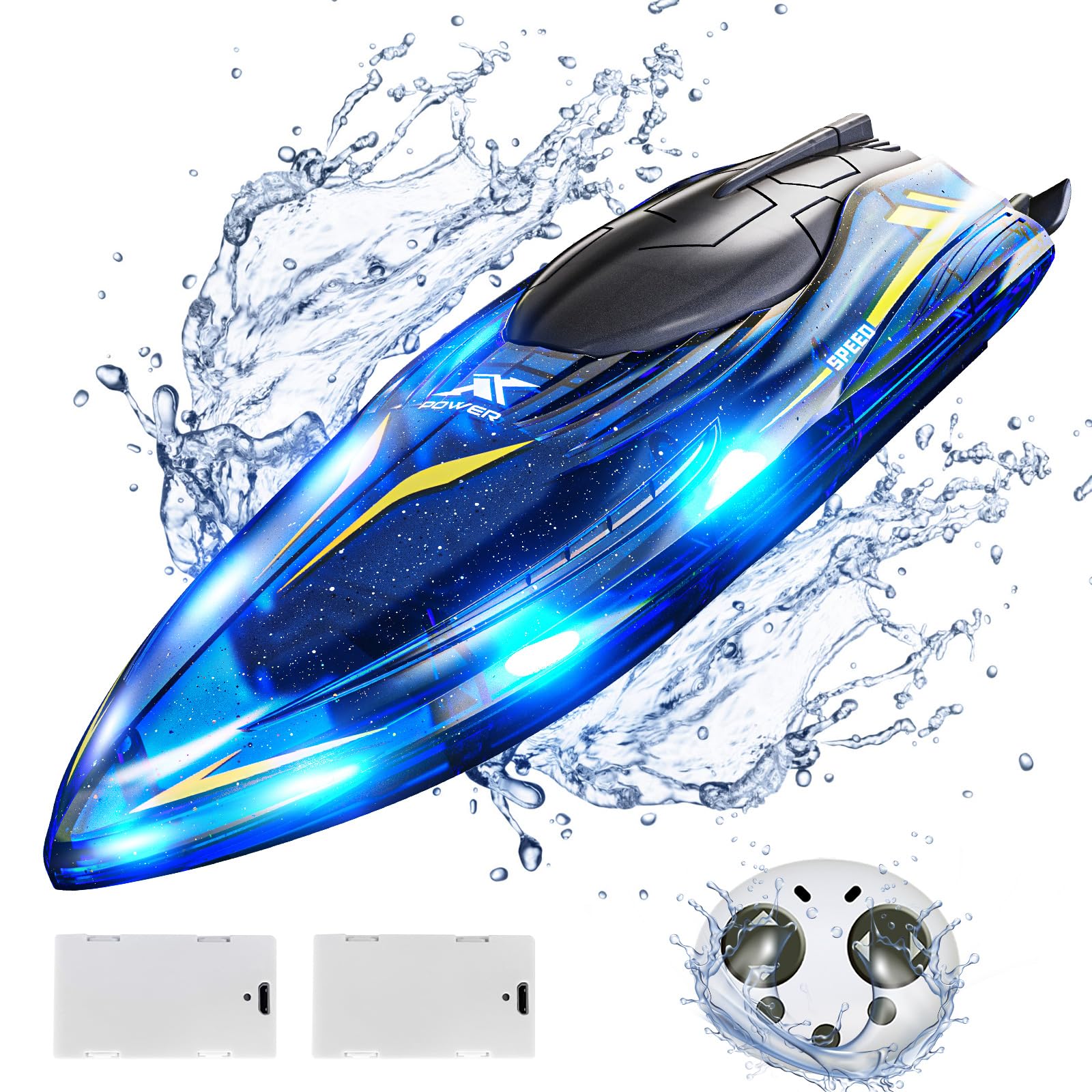 Photo 1 of Tecnock RC Boat for Kids - 2.4GHz Remote Control Boat with Waterproof for Pools and Lakes, 360° Flip Stunt Boat Toy with LED Lights, 2 Modular Rechargeable Battery, Gifts for Boys Girls