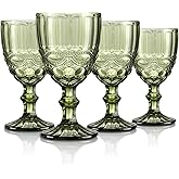 Joeyan Green Vintage Wine Glasses,Clear Water Goblet Glasses with Embossed Serpentine Pattern,Stemmed Colored Glassware Set for Wedding Party Banquet Feast,10 oz,Set of 4,Dishwasher Safe