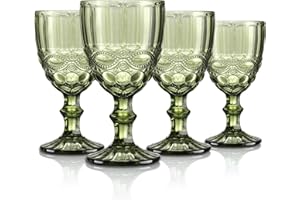 Joeyan Green Vintage Wine Glasses,Clear Water Goblet Glasses with Embossed Serpentine Pattern,Stemmed Colored Glassware Set f