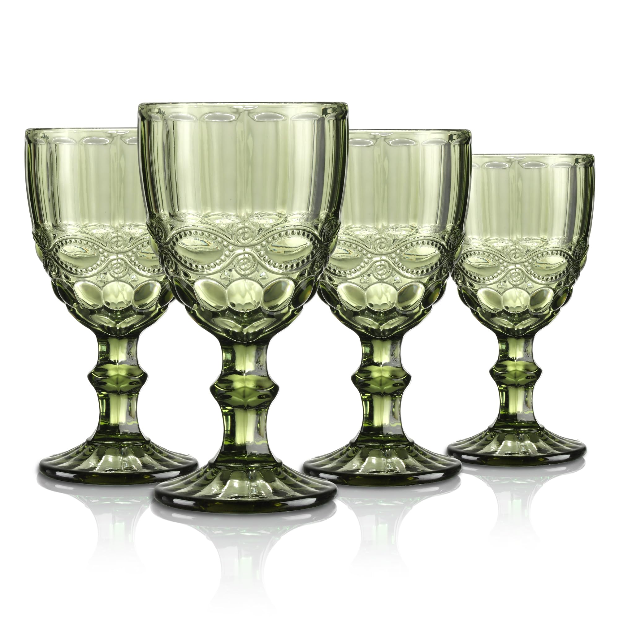 Joeyan 300ml Green Vintage Glass Wine Goblet,Heavy Stemmed Wine Glasses Set of 4,Romantic Embossed Drinking Glasses for Easter Party Wedding Table Decoration, Dishwaher Safe