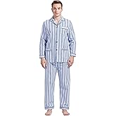 Amaxer Men’s 100% Cotton Pajamas Set Flannel Long Sleeves Pijamas For Men Pockets Button Pjs Elastic High Waist