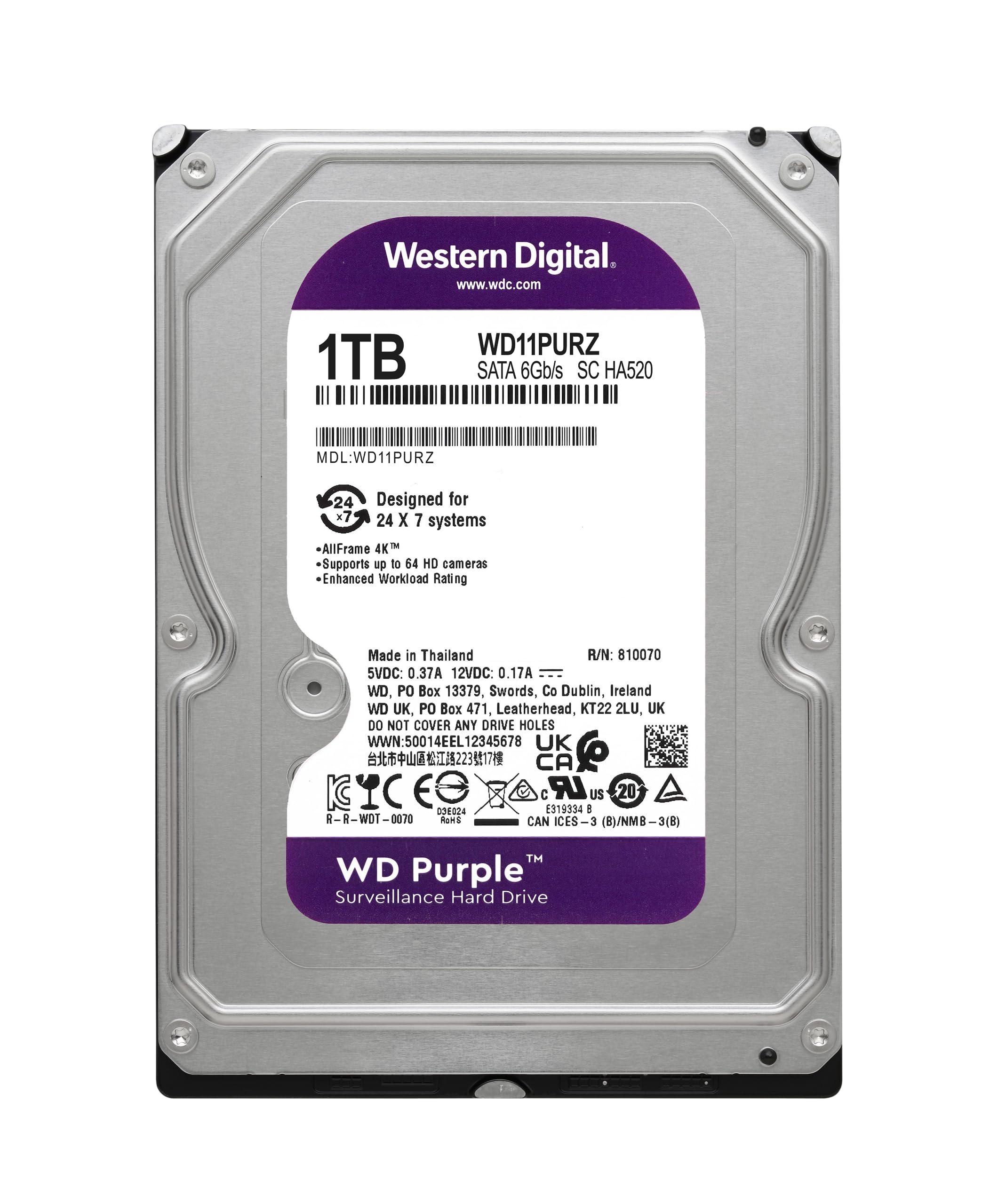 Western Digital 1TB WD Purple Surveillance Internal Hard Drive HDD - SATA 6 Gb/s, 64 MB Cache, 3.5