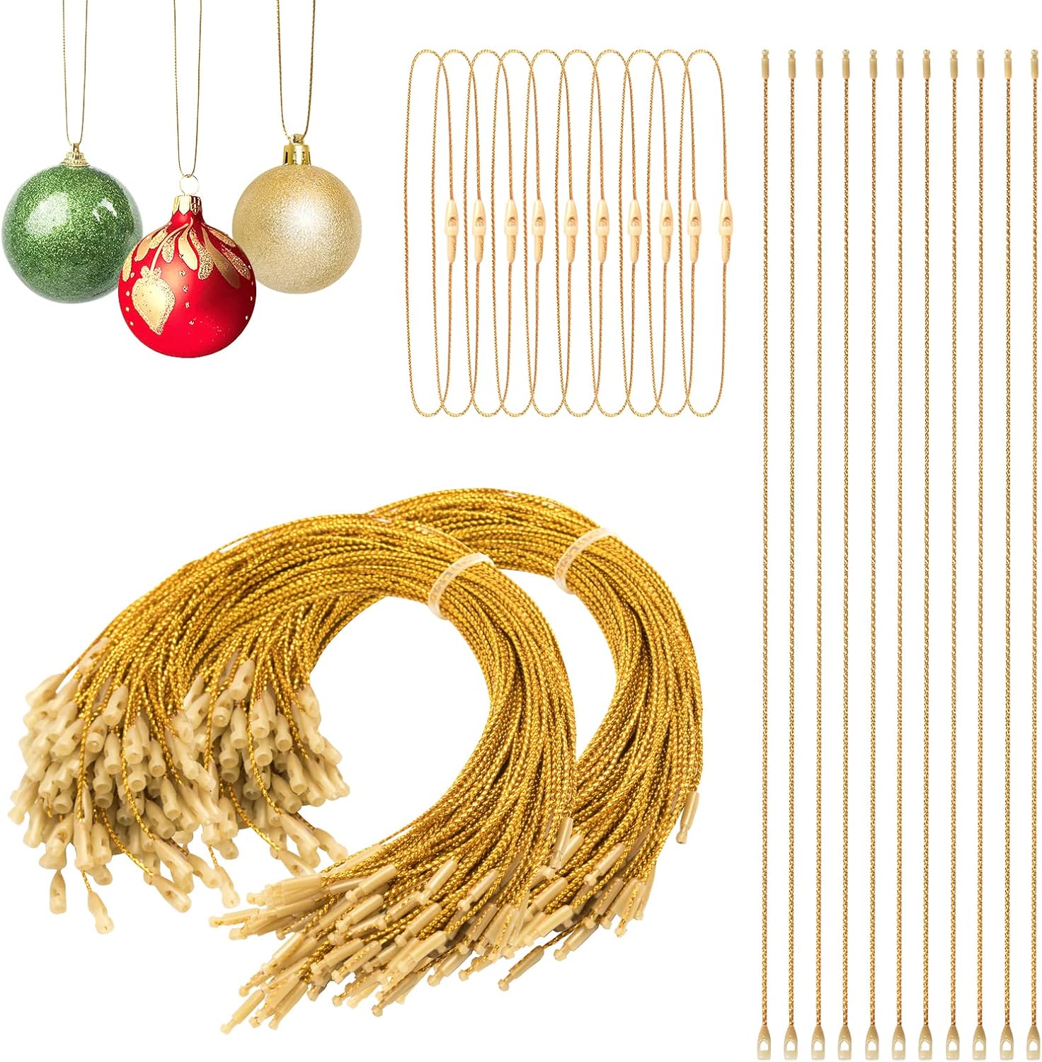 Ornament Hooks - Christmas Ornament String Hangers, RELBRO 200 Pcs Gold Christmas Tree Ornament Hangers Hooks Precut Ornament Snap Fasteners Locking Ropes for Halloween Christmas Decorations