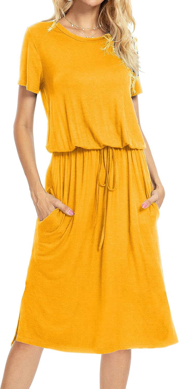Simier Fariry Women's Adjustable Waist Midi Dress with Pockets