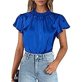 PRETTYGARDEN Business Casual Tops for Women Blouses Dressy 2026 Summer Short Sleeve Ruffle Satin Work Office Attire