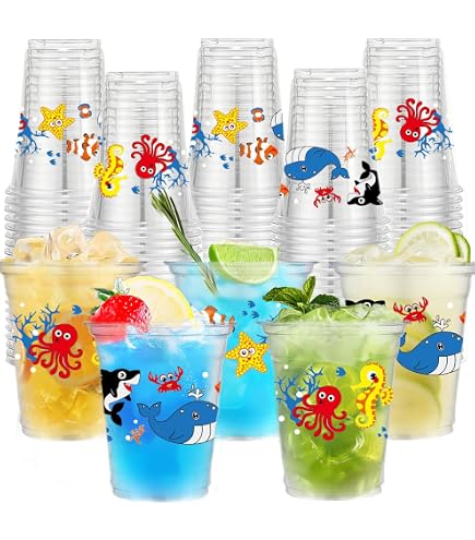 50 Stück Ozean-Motiv Becher, 340 Ml – Wiederverwendbare Kunststoffbecher Mit Meeresschildkröten, Perfekt Für Geburtstags- & Sommerpartys