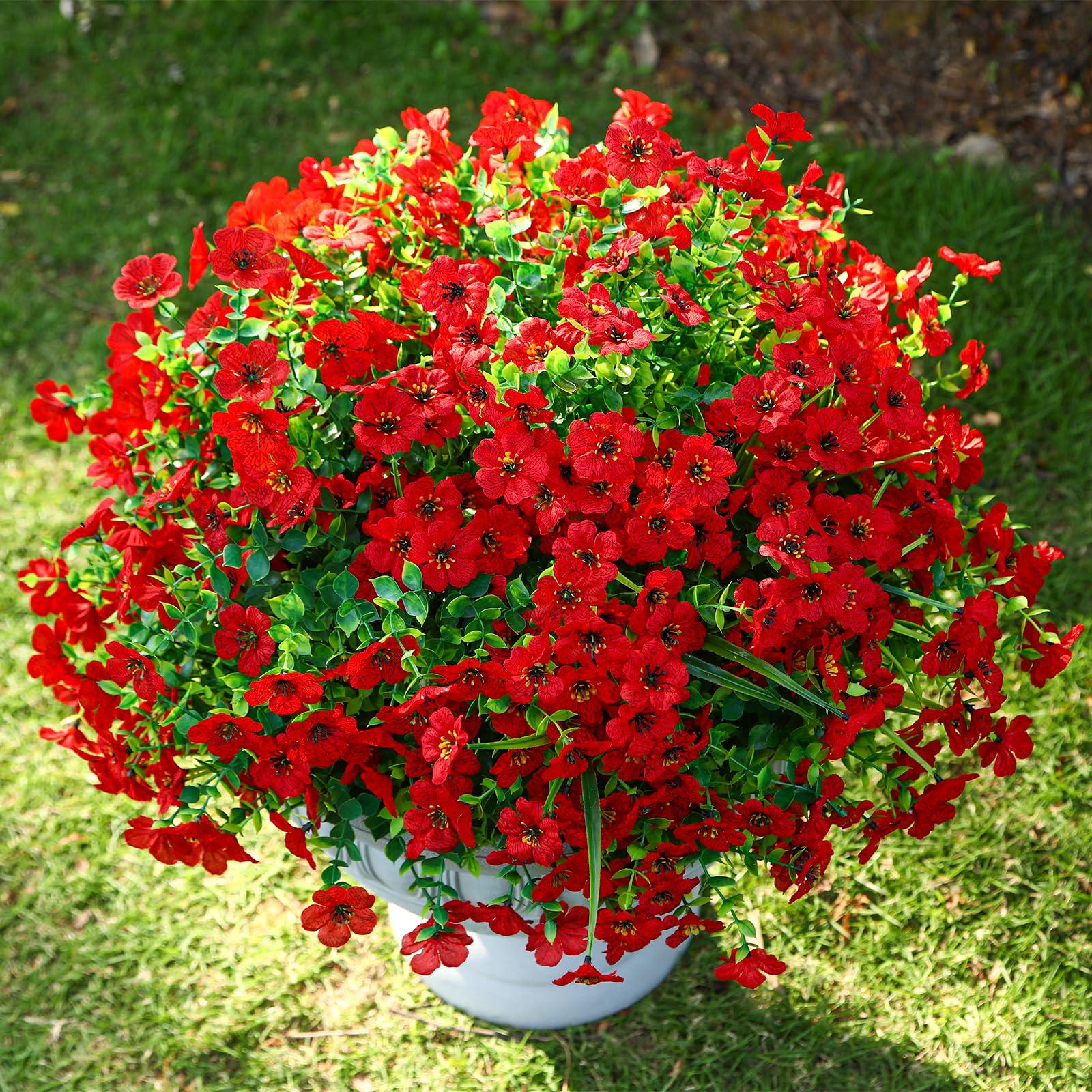 Photo 1 of Alupssuc 24 Bundles Artificial Flowers for Outdoors Decoration, UV Resistant Silk Violet Faux Colorful Daisy Eucalyptus Spring Fake Plants for Outside Indoor Yard Home Patio Porch Decor, Red