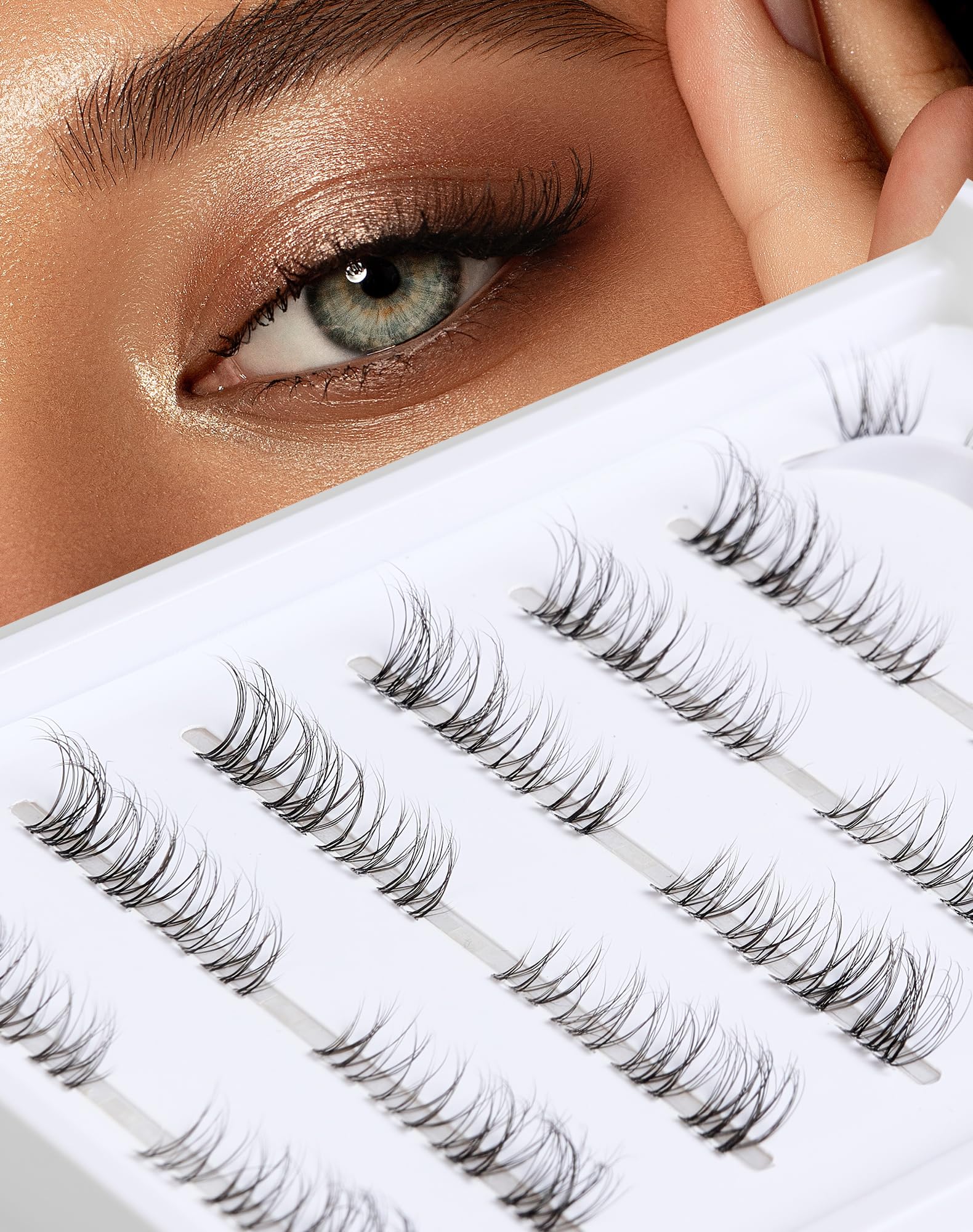 Jiocolor Cluster Cat Eye Lashes - Natural Look Foxy Wispy Fake Eyelashes - C Curl Clear Band False Lashes - Extension 7 Pairs