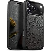 Carveit Magnetic Wooden Case for iPhone 17 Pro Max Case, Wood Artisan Engraved & Black Soft TPU Shockproof Cover, Compatible with MagSafe Wireless Chargers (The Maya Calendar) Blackwood