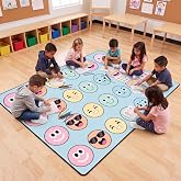 Dunzy 5x7 ft Pastel Classroom Rug Large Smile Face Carpet, Fresh | Washable Elementary Educational Classroom Area Rug, Non Slip Mat for Back to School First Day Teaching and Playroom Decor