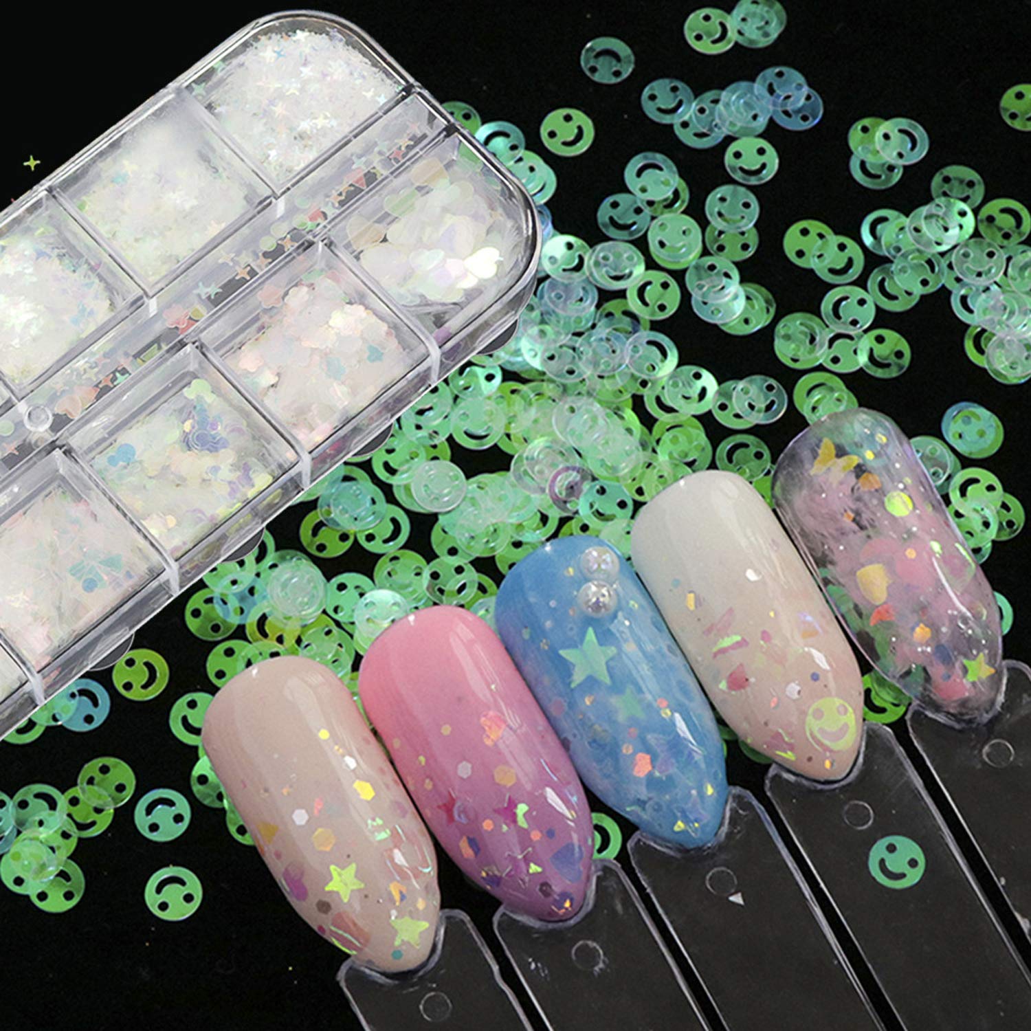 Tingbeauty 2Boxes 24Colors Holographic Nail Iridescent Sequins Colorful Flakes Nail Art Sticker Glitter DIY Decals Decoration for Face Body Eyes: Arts, Crafts & Sewing