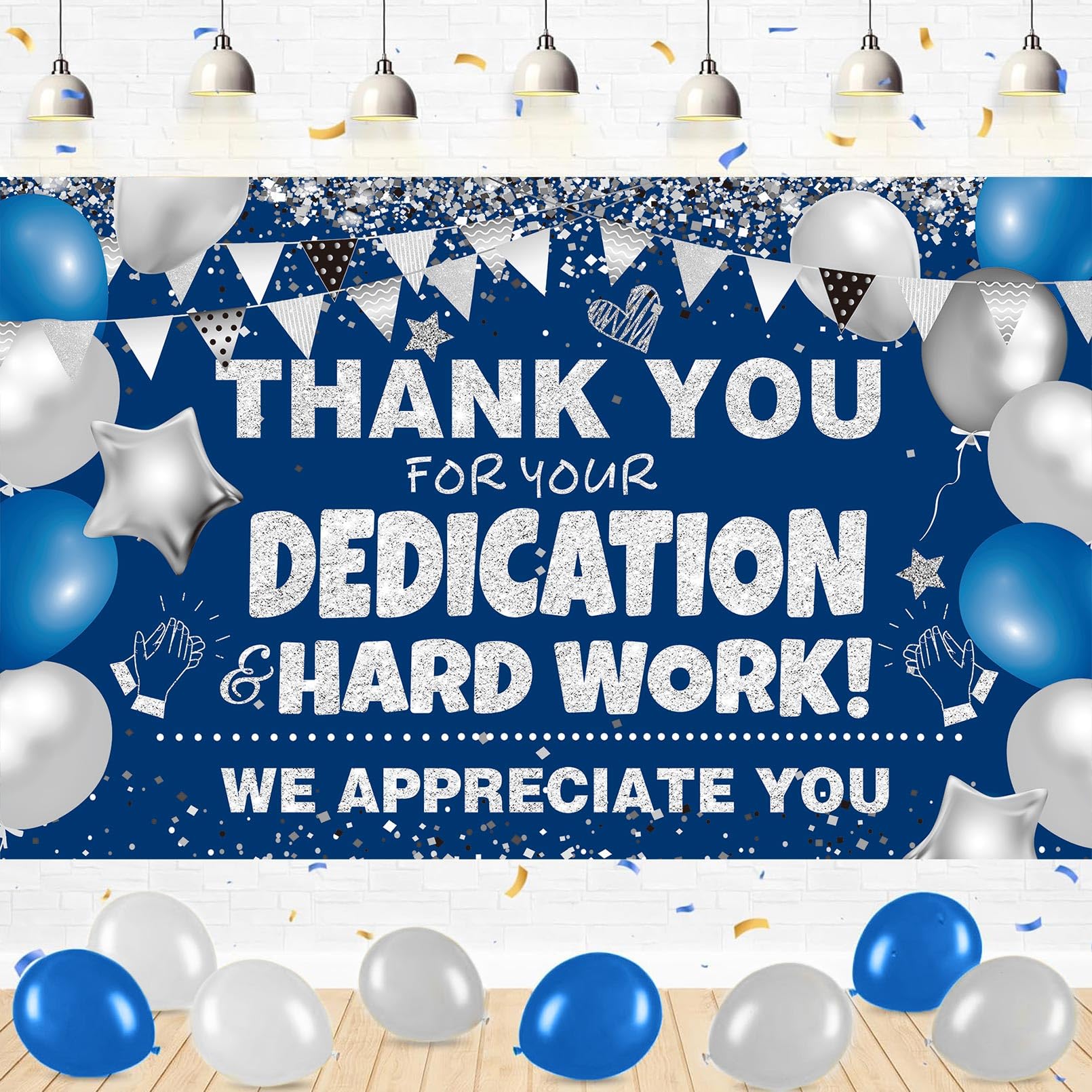 Photo 1 of We Appreciate You Banner Decorations Blue Silver Thank You Banner Thank You for All You Do Backdrop for Teacher Employee Staff Doctors Nurse Poaster Volunteer Appreciation Week Party Decor
