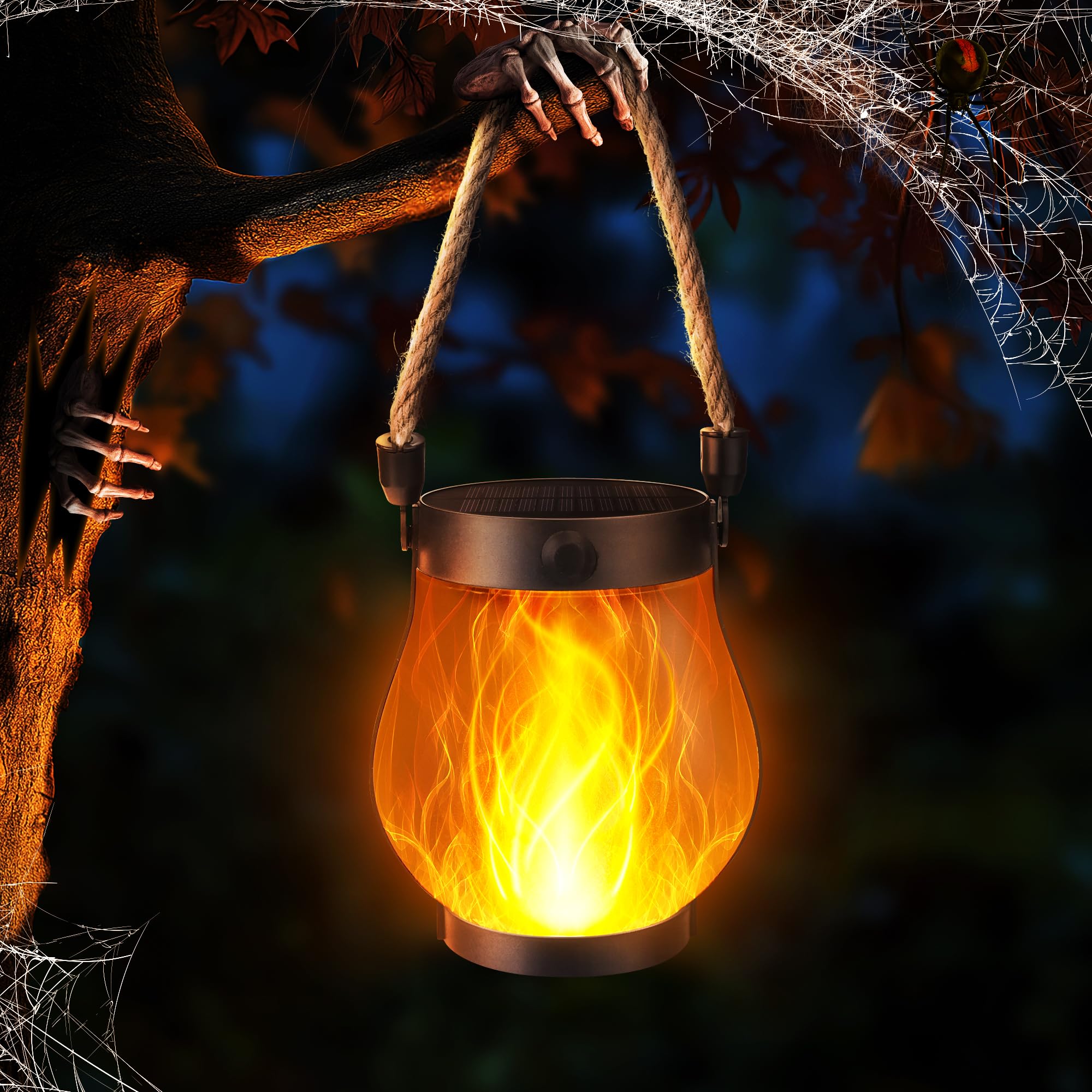 Photo 1 of iBaycon 1 Pack Solar Lanterns Lights, Halloween Flickering Flame Garden Lights with 2 Modes Dual Charging USB & Solar, Outdoor Waterproof Hanging Lantern for Party Holiday Halloween Decor (Warm White)
