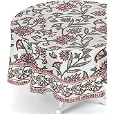 LOTUS MILLS 100% Organic Cotton Red Table Cloth, Indian Block Print Table Linen for Dining, Parties, Wedding, Outdoors Home Decor | 60 INCH Round | 4-6 Seater - Crimson Red and Sage Floral Vatika