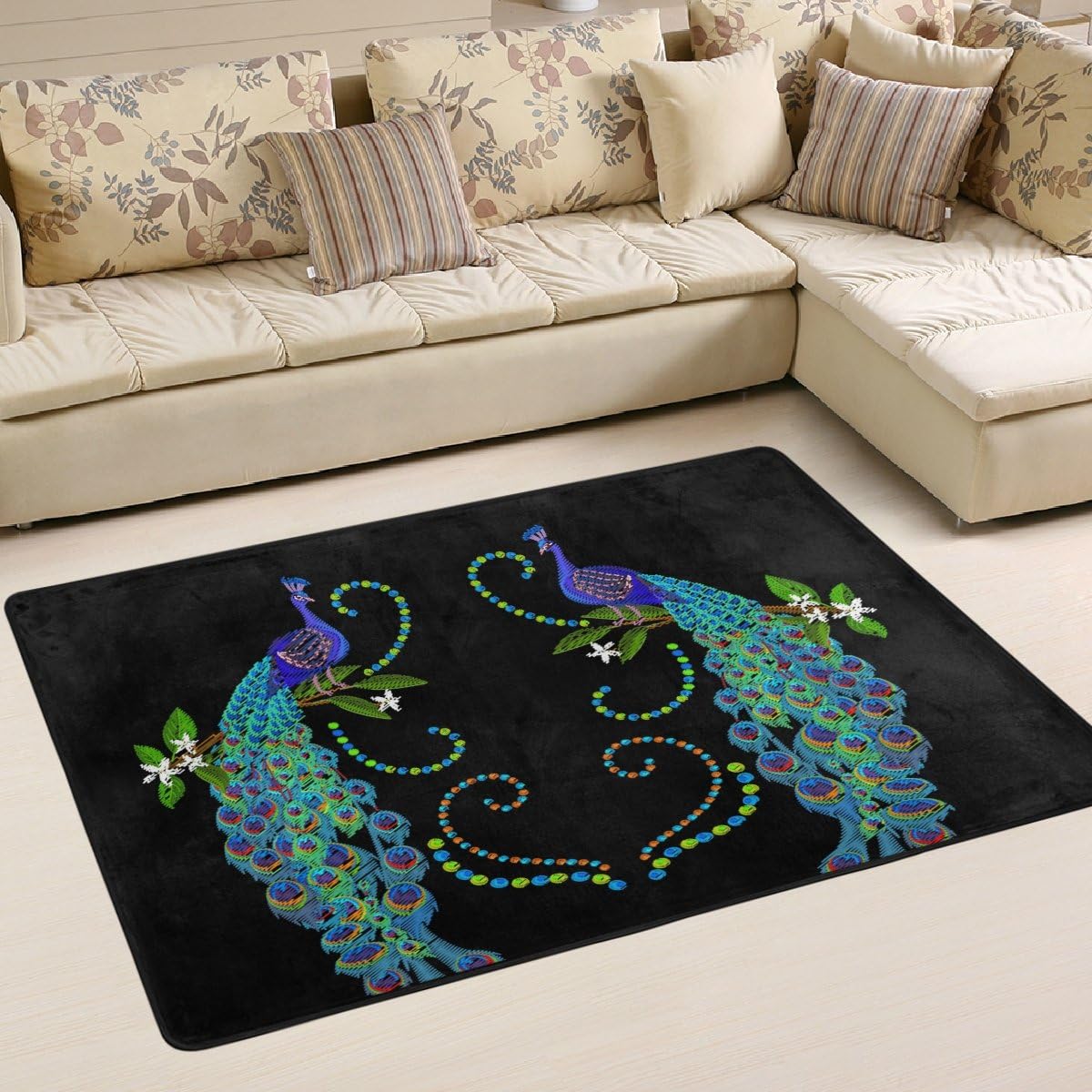 JSTEL WOOR Peacock Couple Birds Area Rugs Play Nursery Rug With Non