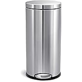 simplehuman Round Step Can, 30L / 8 Gallon Kitchen Trash Can, Iconic Round Shape, 150,000-Step Pedal, Lid Shox&reg; Silent Close, Removable Inner Bucket, Brushed Stainless Steel