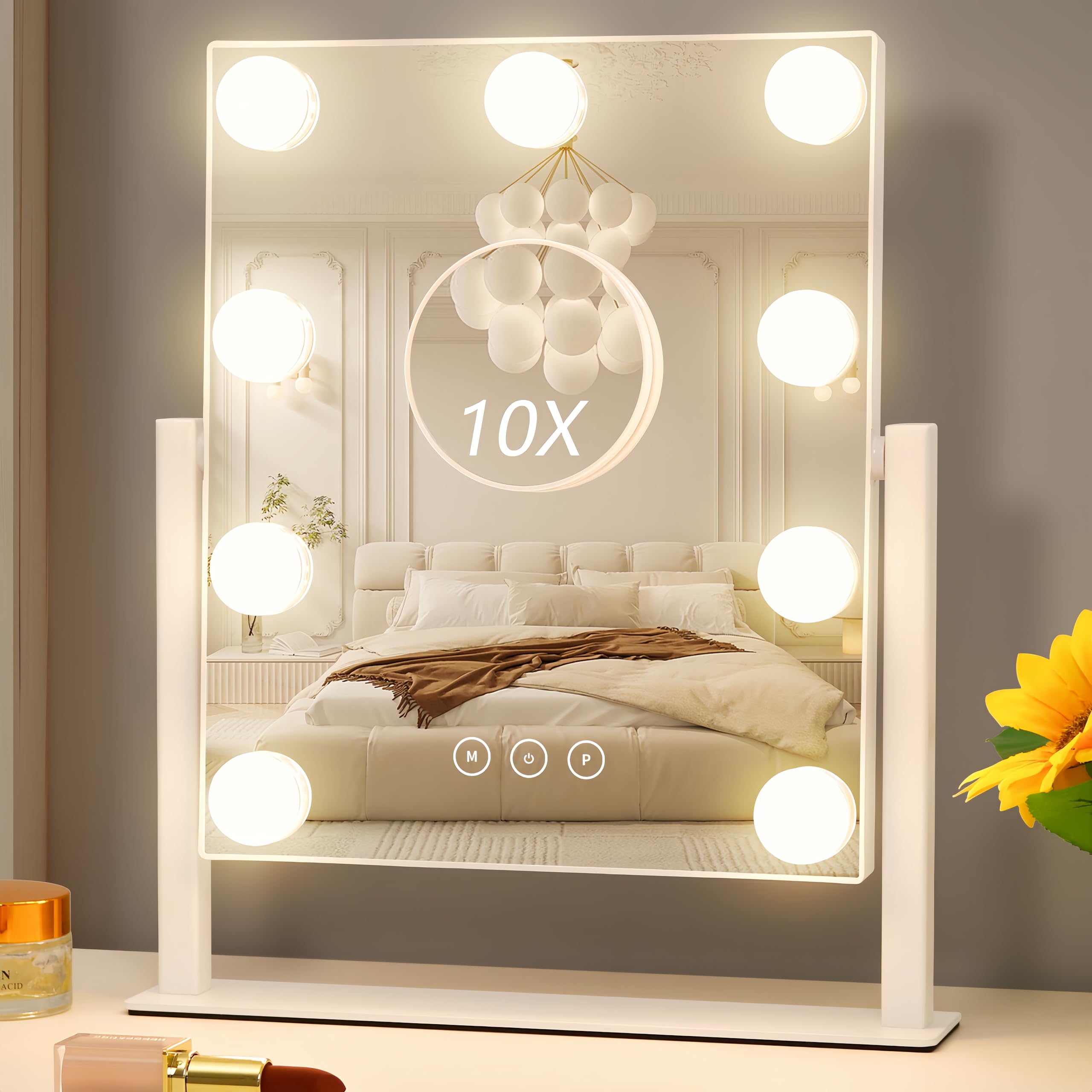 Photo 1 of Acoolda Vanity Mirror with Lights, Hollywood Vanity Makeup Mirror with 9 Dimmable LED Bulbs, 3 Color Lighting Modes, Detachable 10X Magnification, 360°Rotation,White
