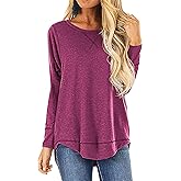 HIYIYEZI Fall Tops for Women Long Sleeve Side Split Casual Loose Tunic Top