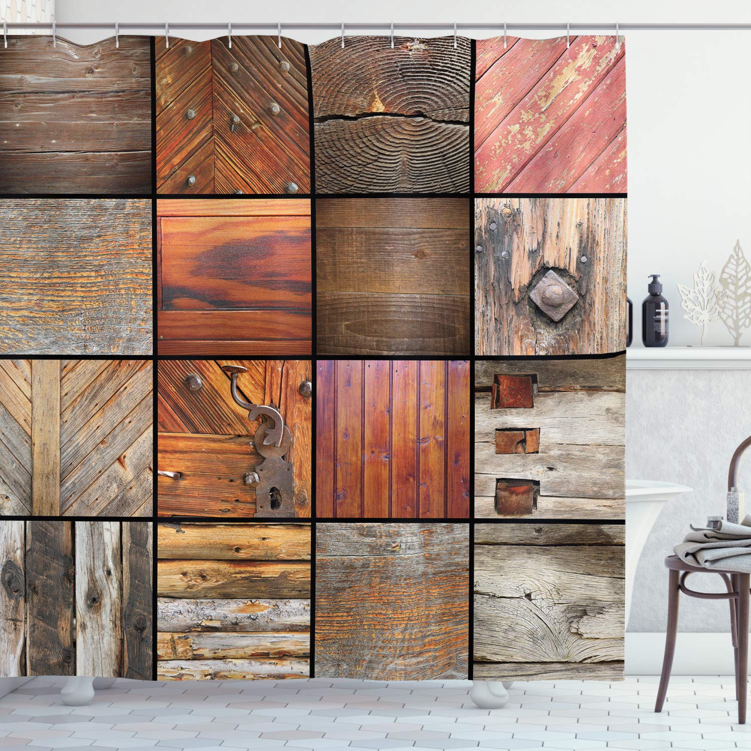 ABAKUHAUS Antique Shower Curtain, Assortment of Different Wooden Architecture Elements Timber Door Key Print, Cloth Fabric Bathroom Decor Set with Hooks, 94 Inches, Chocolate Brown