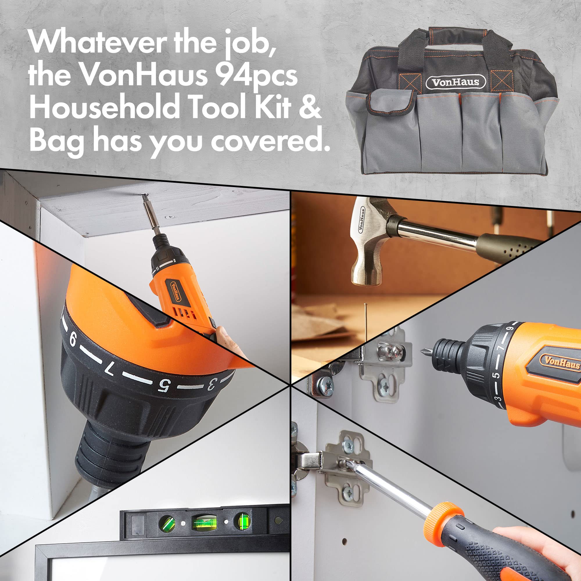 VonHaus Cordless Hand Drill and Household Tool Kit - 94pc Tool Kit for Beginners - Includes 3.6V/Cordless Lithium-ion Screwdriver - Power & Hand Tools with Drill Sets in Case