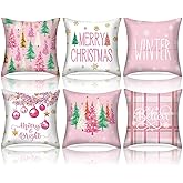HunnmingRe 6 Set Pink Winter Throw Pillow Covers Winter Watercolor Pillow Cover 18 x 18 Inch Holiday Cushion Case Decor Seasonal Decorative Outdoor Pillowcase for Couch Sofa Porch Farmhouse