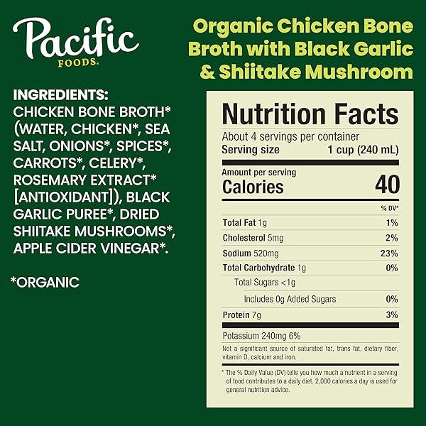 PACIFIC FOODS ORGANIC CHICKEN BONE BROTH WITH BLACK GARLIC AND SHIITAKE MUSHROOM, 32 OZ CARTON