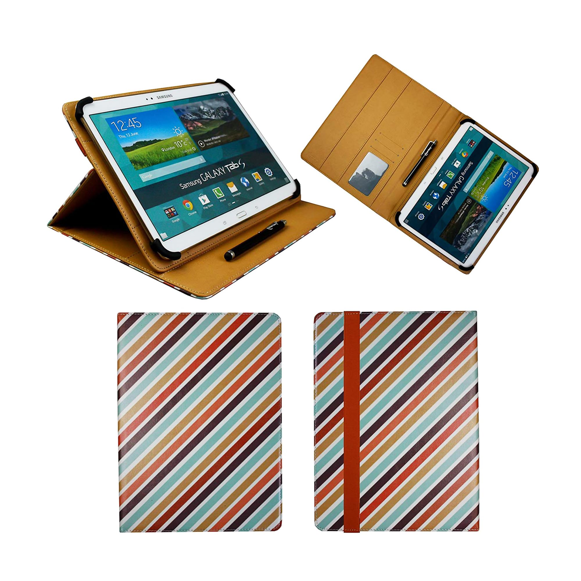 Emartbuy Universal 9.1 Inch - 10.5 Inch Candy Stripes Multi Angle Folio Wallet Case Cover With Card Slots Orange Elastic Strap and Stylus Pen Compatible With Selected Devices Listed Below