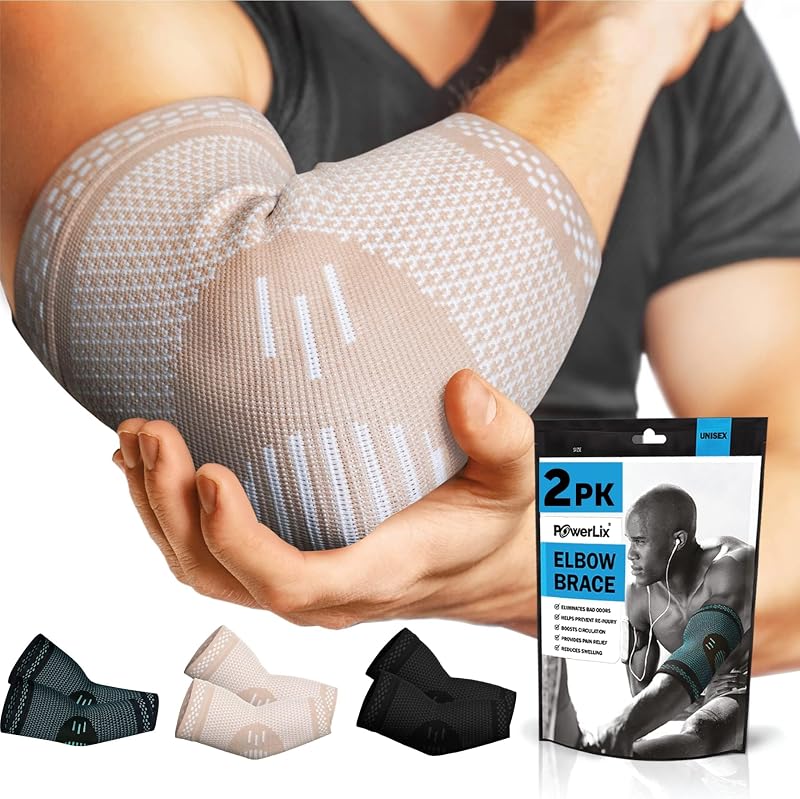 POWERLIX Elbow Support Pair Beige Small Men Women Tendonitis Tennis Golfers