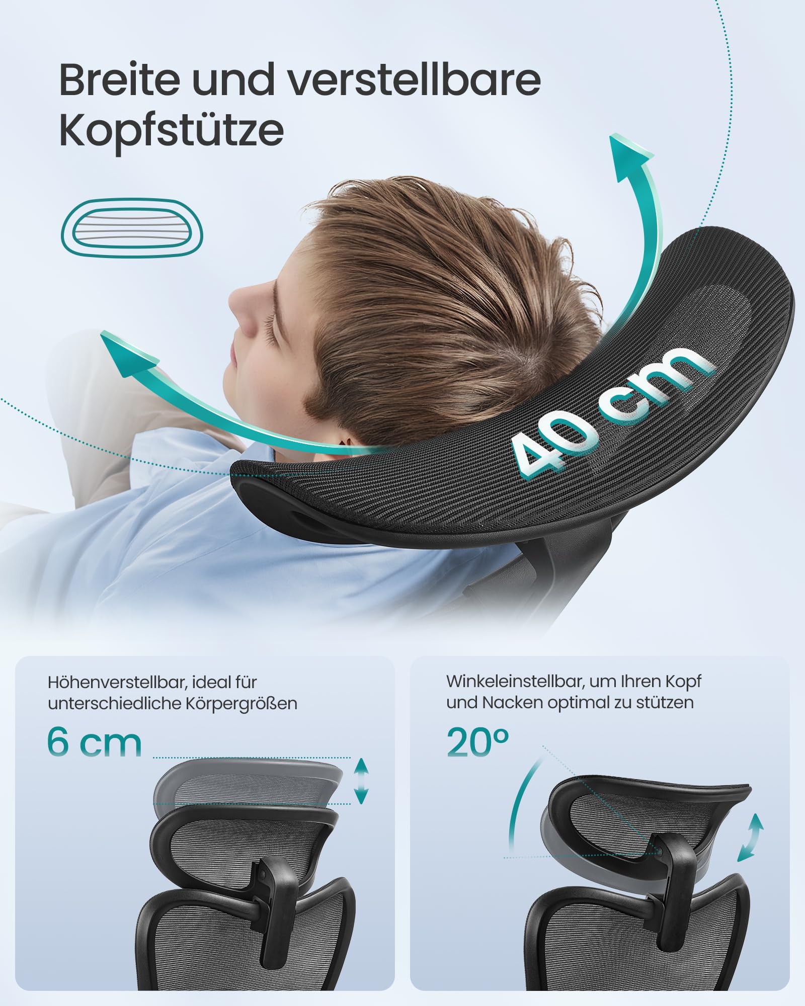 SONGMICS Bürostuhl ergonomisch, Schreibtischstuhl, Computerstuhl, verstellbare Lenden- und Kopfstütze, bis 150 kg belastbar, höhenverstellbar, tintenschwarz OBN066BH01 7