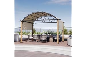 HAPPATIO 12' X 12' Outdoor Pergola with Sling Retractable Canopy, Wood-Like Aluminum Patio Pergola Shade Arched Top for Patio, Backyard, Garden,Poolside