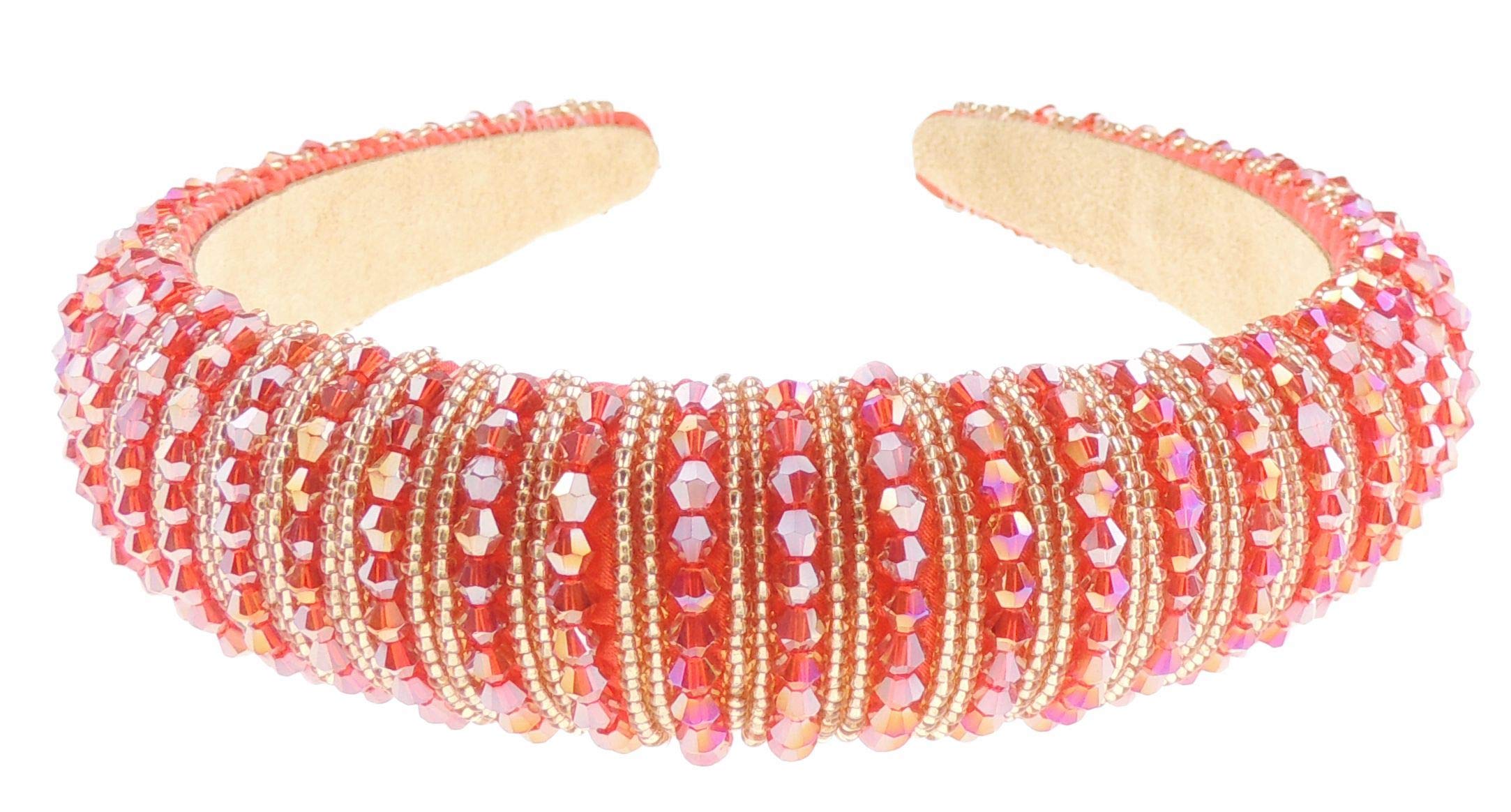Womens Sparkly Beaded Rhinestone Embellished Jeweled Crystal Wide Bump Thick Padded Evening Formal Occasion Christmas Birthday Wedding Bridal Party Headband Hair Alice Band Hairband (Red Gold)