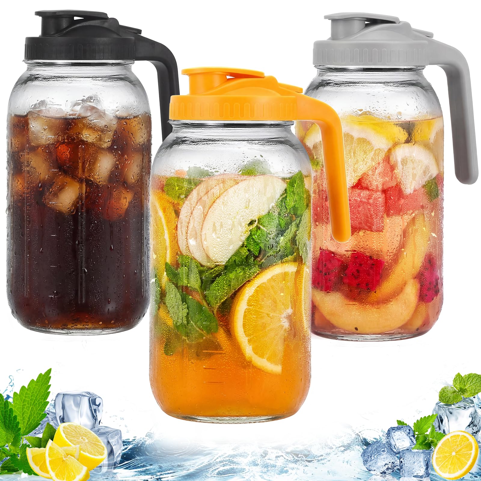 Photo 1 of 3 Pack Glass Pitchers with Lid, 64 oz Sun Tea Pitcher, Half Gallon Mason Jar Pitcher with Wide Mouth Airtight Lid for Ice Tea, Cold Brew Coffee, Fridge Water, Milk, Juices, Leak Proof Water Jug