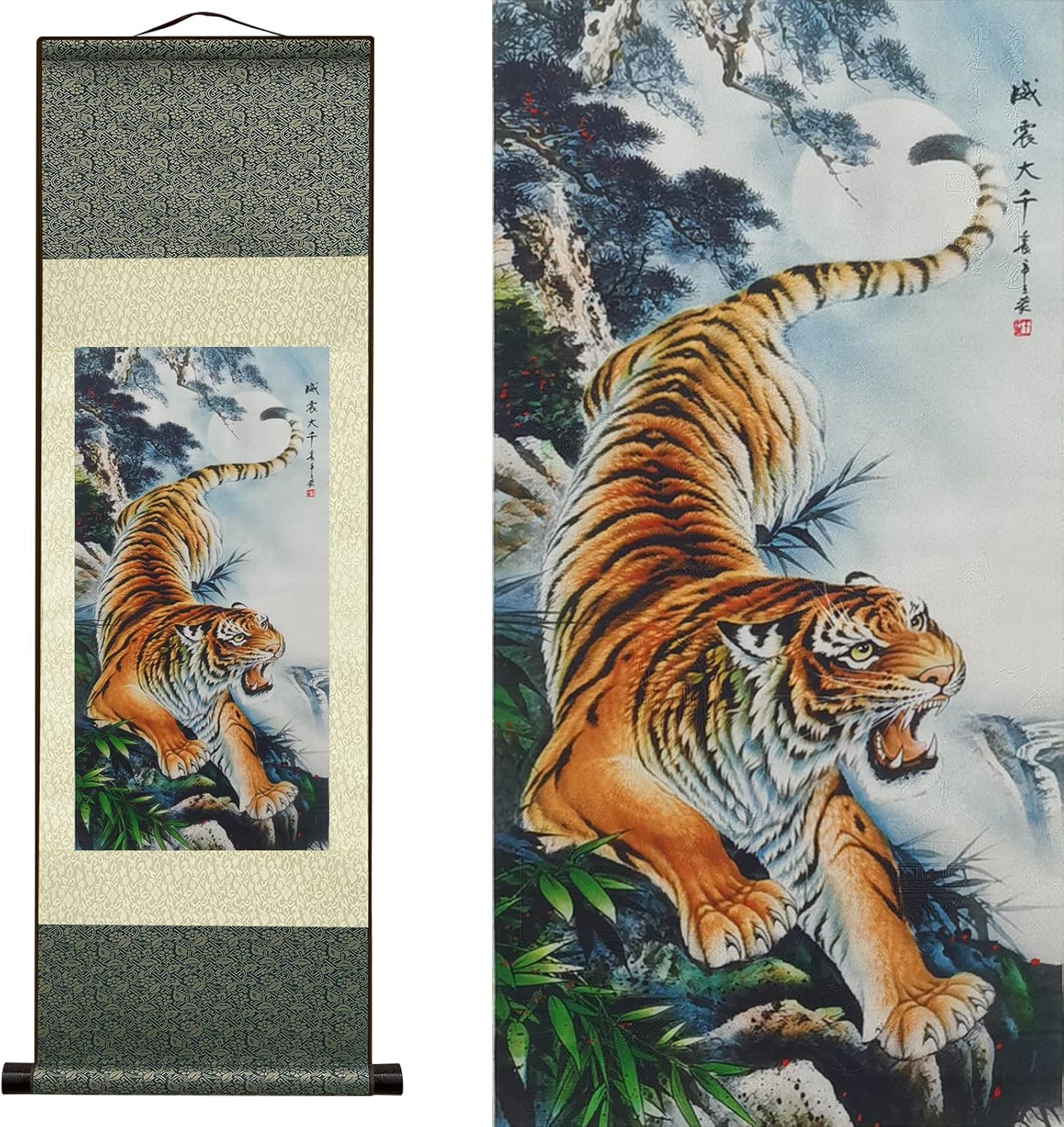 Posters & Prints - AtfArt Asian Wall Decor Beautiful Silk Scroll Painting Animal - Tiger King Deterrence Tiger Power - Tiger Downhill Oriental Decor Chinese Art Wall Scroll Wall Hanging Painting Scroll (39 x 12 in)