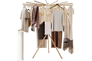 BOQORAD Tripod Clothes Drying Rack - Foldable Floor Standing Laundry Rack With 16 Wood Poles, Collapsible and Retractable Clo