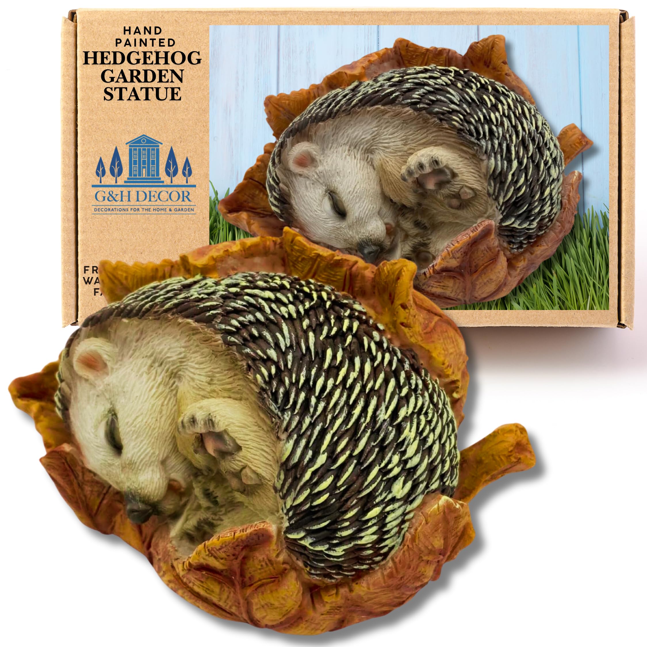 G&H Decor Animal Garden Ornaments - Realistic Cute 14cm Hedgehog Sleeping Statue - Hand Painted Figurine Sculpture - Intricate Detail for Indoor or Outdoor Use - Weather Resistant Hedgehog Gifts