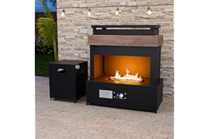 COOS BAY Outdoor Propane Fireplace Firepit, 50,000 BTU Adjustable Flame Chiminea Patio Heater with Tank Storage, Smokeless Gas, Ceramic Log, Modern Metal, 35.4''x22''x40.6'', Gray/Tan