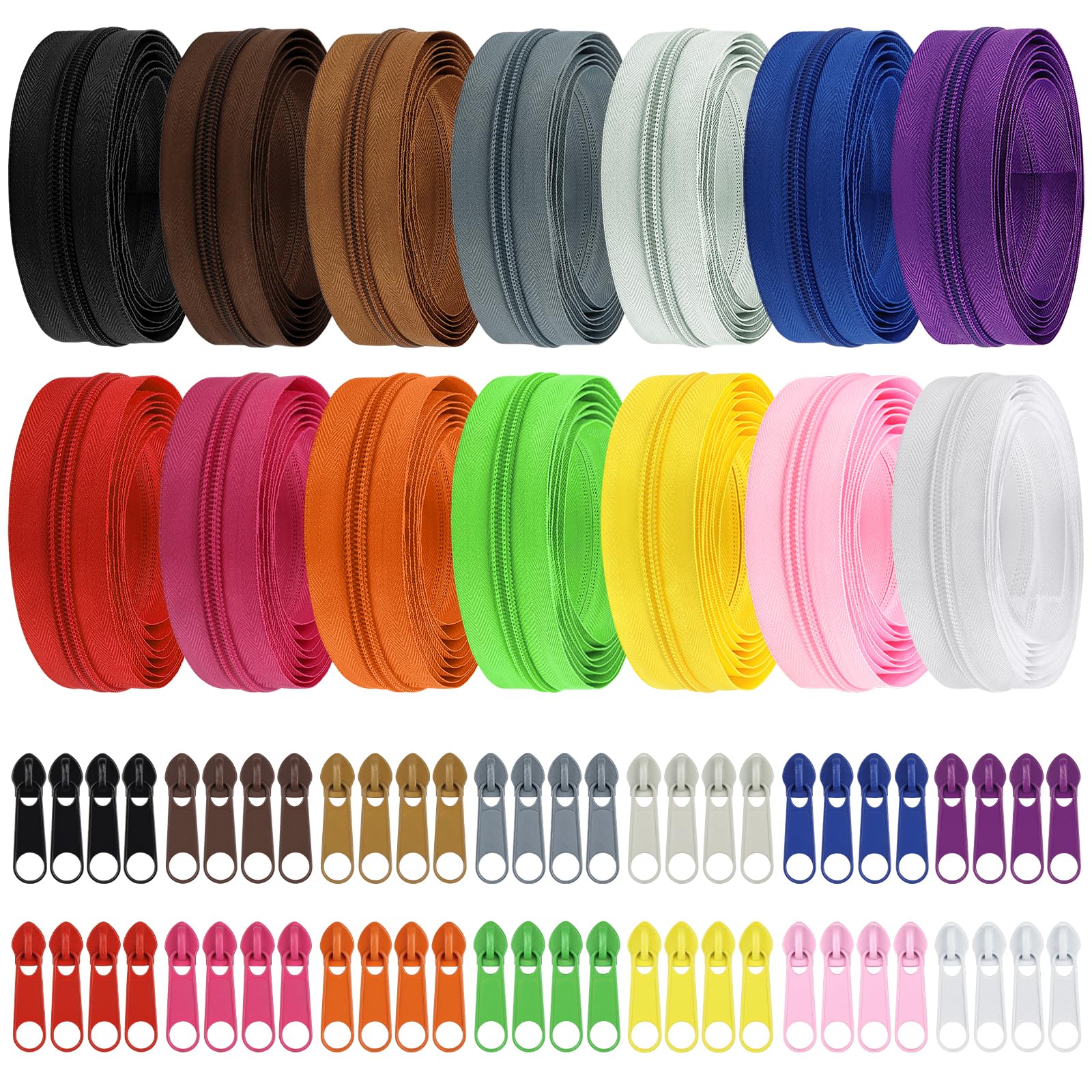 DOITEM 30.5 Yards/ 28 m 14 Pieces Assorted Colors #5 Nylon Coil Zippers, Sewing Zippers Endless Zips with 56 Pieces Zipper Sliders Zip Heads for DIY Sewing Tailor Craft Supplies