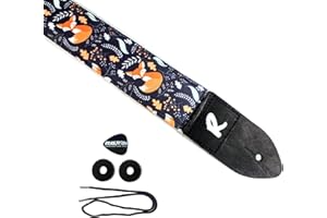 REVOLUTION STRAPS Fox Guitar Strap - Blue Fox, Genuine Leather Ends, Includes 2 Strap Locks & 1 Pick. Adjustable Strap, Pick Pocket, For Bass, Electric & Acoustic Guitars Gift for Guitar Players Men, Women & Kids