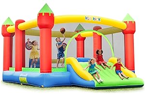 Klo Kick Inflatable Bounce House for Big Kids, 15' x 12' Large Outdoor Bouncy Castle with Blower, Wider Slide & Basketball Hoop, Holds 6 Kids Great for Birthday or Party, 600lbs (Yellow & Green)