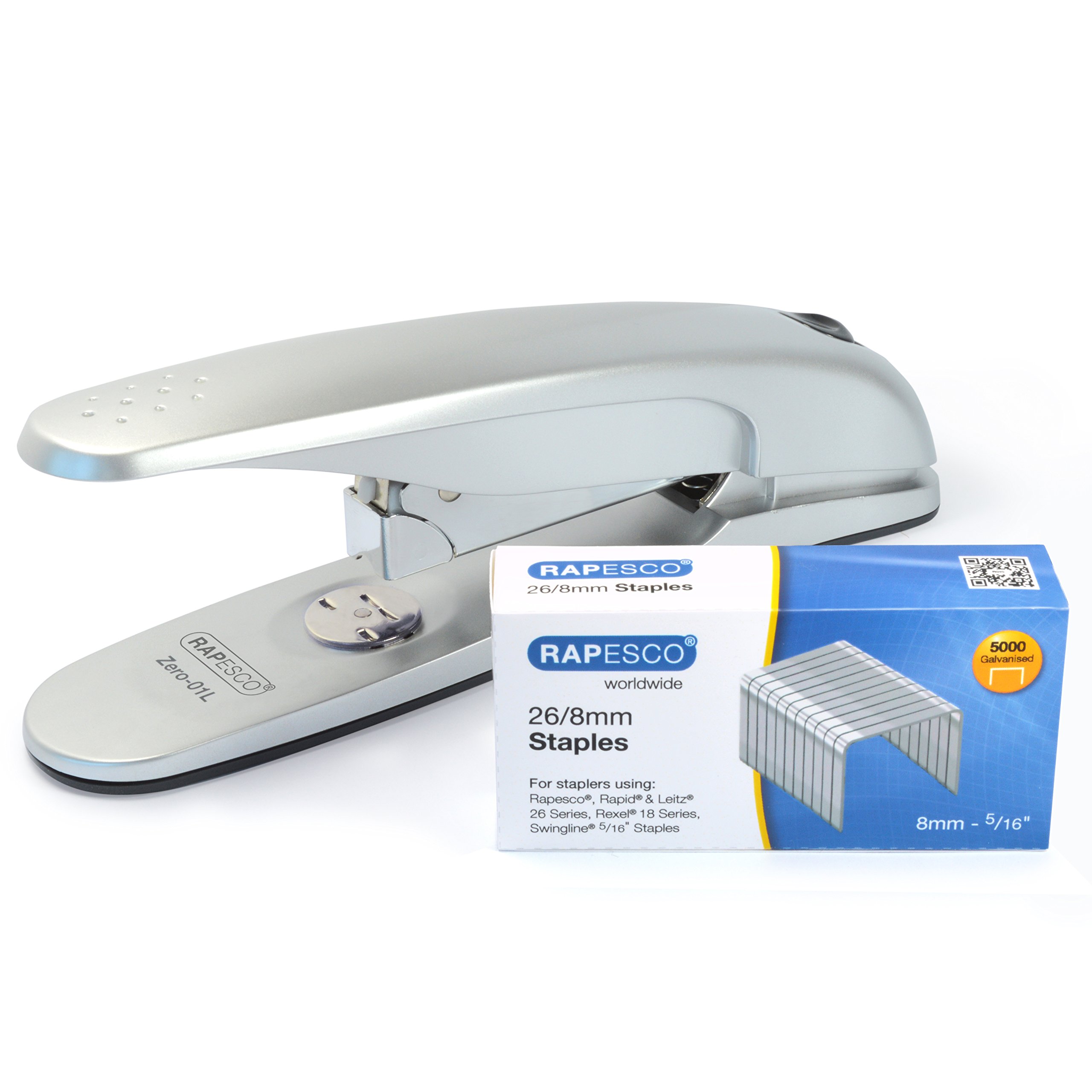 Rapesco 1279 Zero-01L Stapler, 50 Sheet Capacity, & 5000 x 26/8mm Staples, Silver