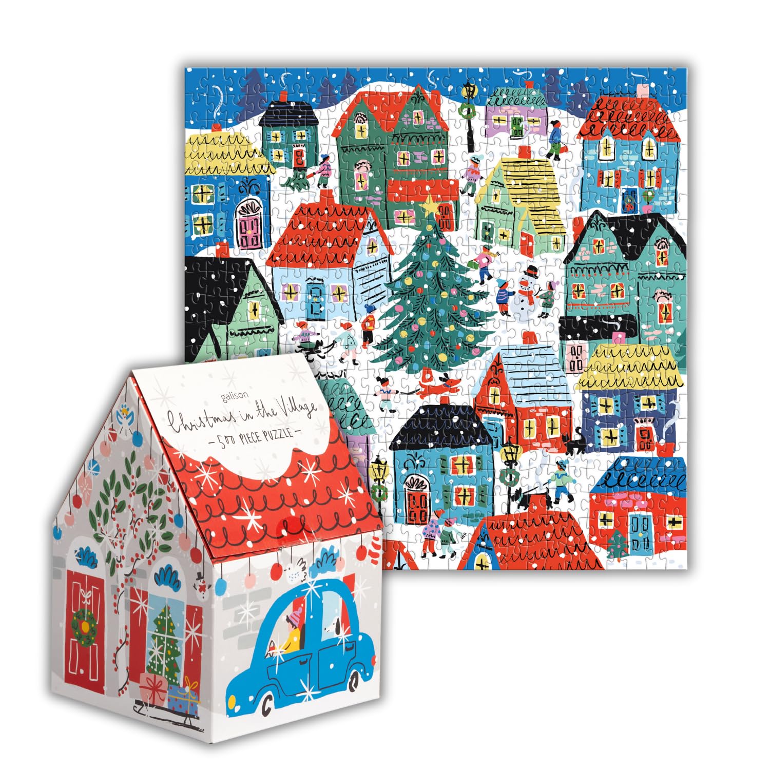 Galison Christmas in The Village – 500 Piece Unique House Shaped Puzzle with Bright and Bold Artwork of Merry Christmas Village Scenery for Adults and Families