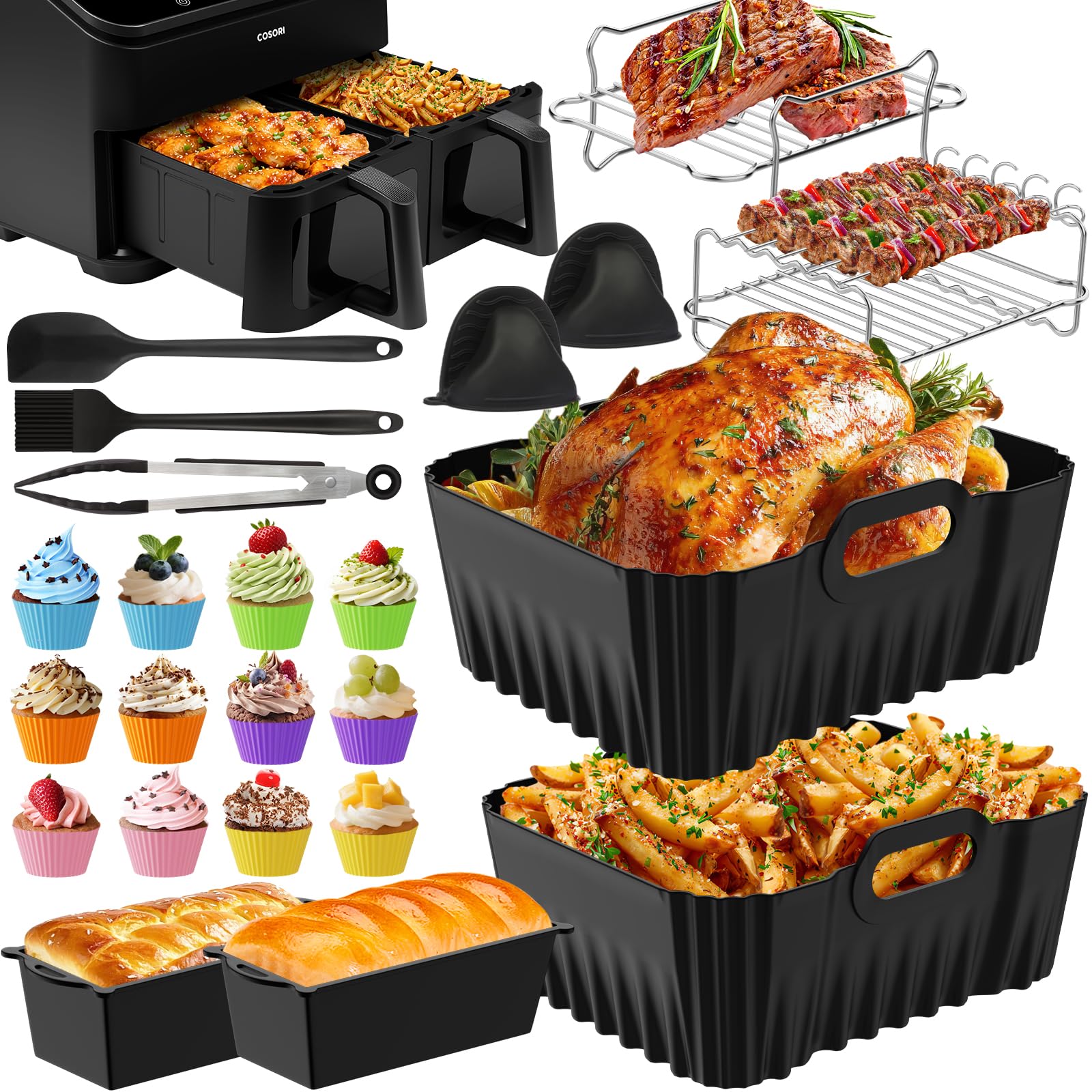 Airfryer Zubehör für COSORI Heißluftfritteuse Zubehör Dual Zone 8.5 L,Wiederverwendbares Airfryer Zubehör Einschließlich Silikonformen, Grillrost, Brotbackformen für COSORI CAF-R901-AE Airfryer