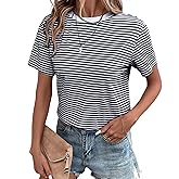 Dsewpaur Women Casual Striped Print Short Sleeve T Shirts Crew Neck Loose Fit Going Out Tee Tops Summer 2026 Clothes
