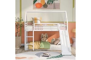 Merax Heavy Metal Junior House Low Bunk Bed with with Full-Length Guardrail Twin over Twin, Montessori Floor Bunk Bed Frame Ladder & Slide, Noise Free White