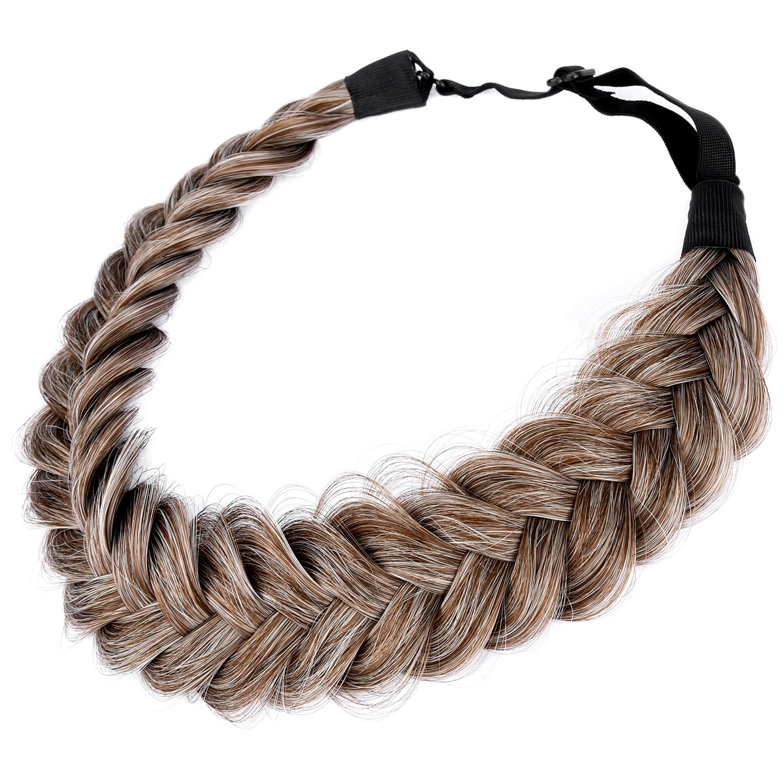 BOBIYA Messy Wide 2 Strands Synthetic Hair Braided Headband Classic Chunky Plaited Hairband Elastic Stretch Plait Headband for Women Girl (White Gray Brown)