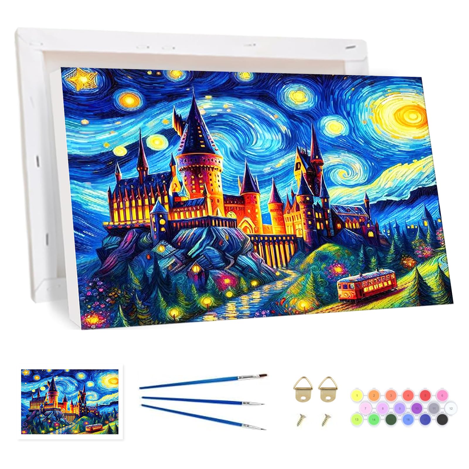 Bowetile Starry Castle Framed Paint by Numbers for Adults, Landscape Painting by Numbers Kit for Adults Beginners Canvas Kit, DIY Color Oil Painting Acrylic Paints for Home Wall Decor 20x30cm