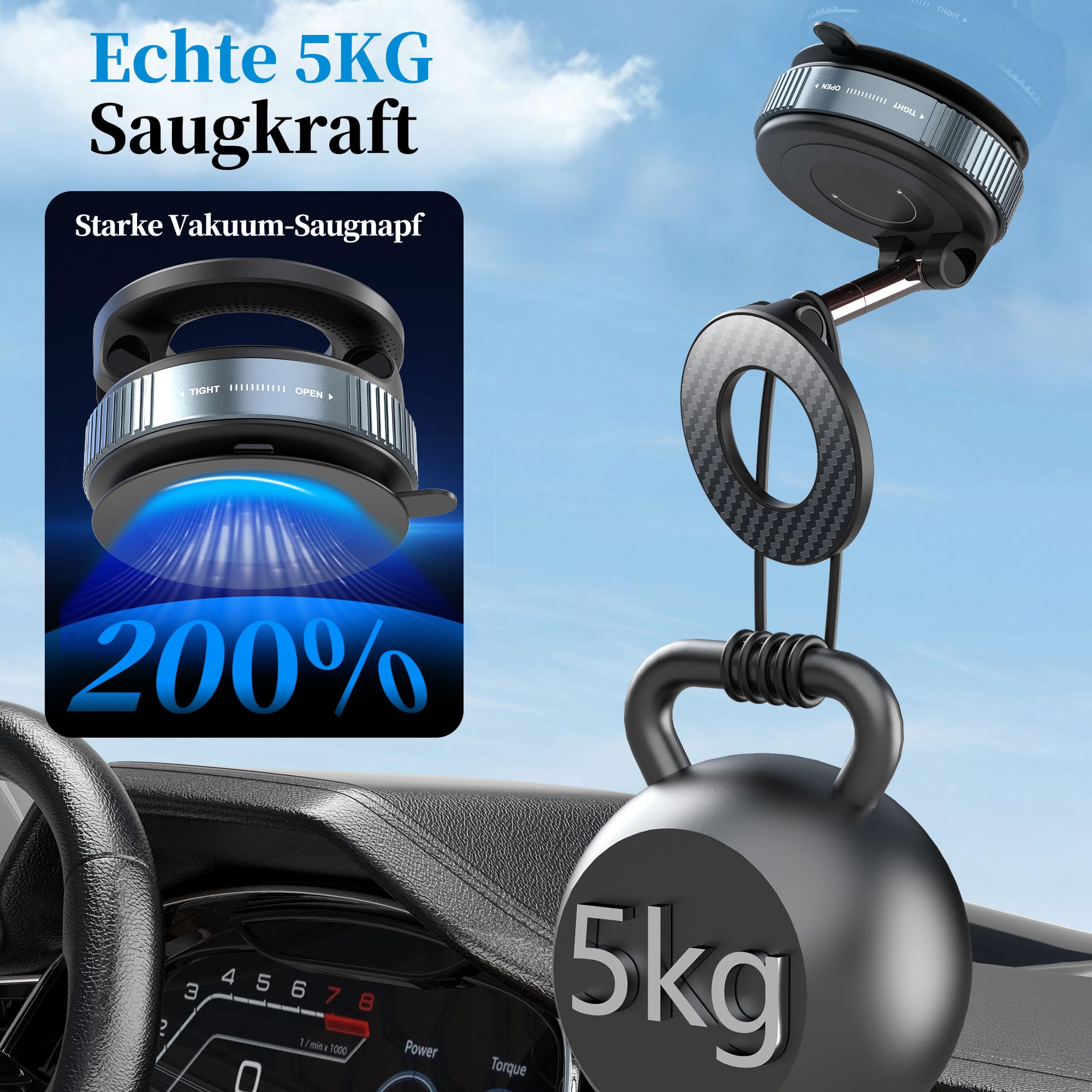 PlusAcc Vakuum Handyhalterung Auto für Magsafe - 360° Drehbar Zusammenklappbar Tragbar Magnetisch Handy Halter für 17/16/15/14/13/12 an Windschutzscheibe/Armaturenbrett/Spiegel befestigt 5