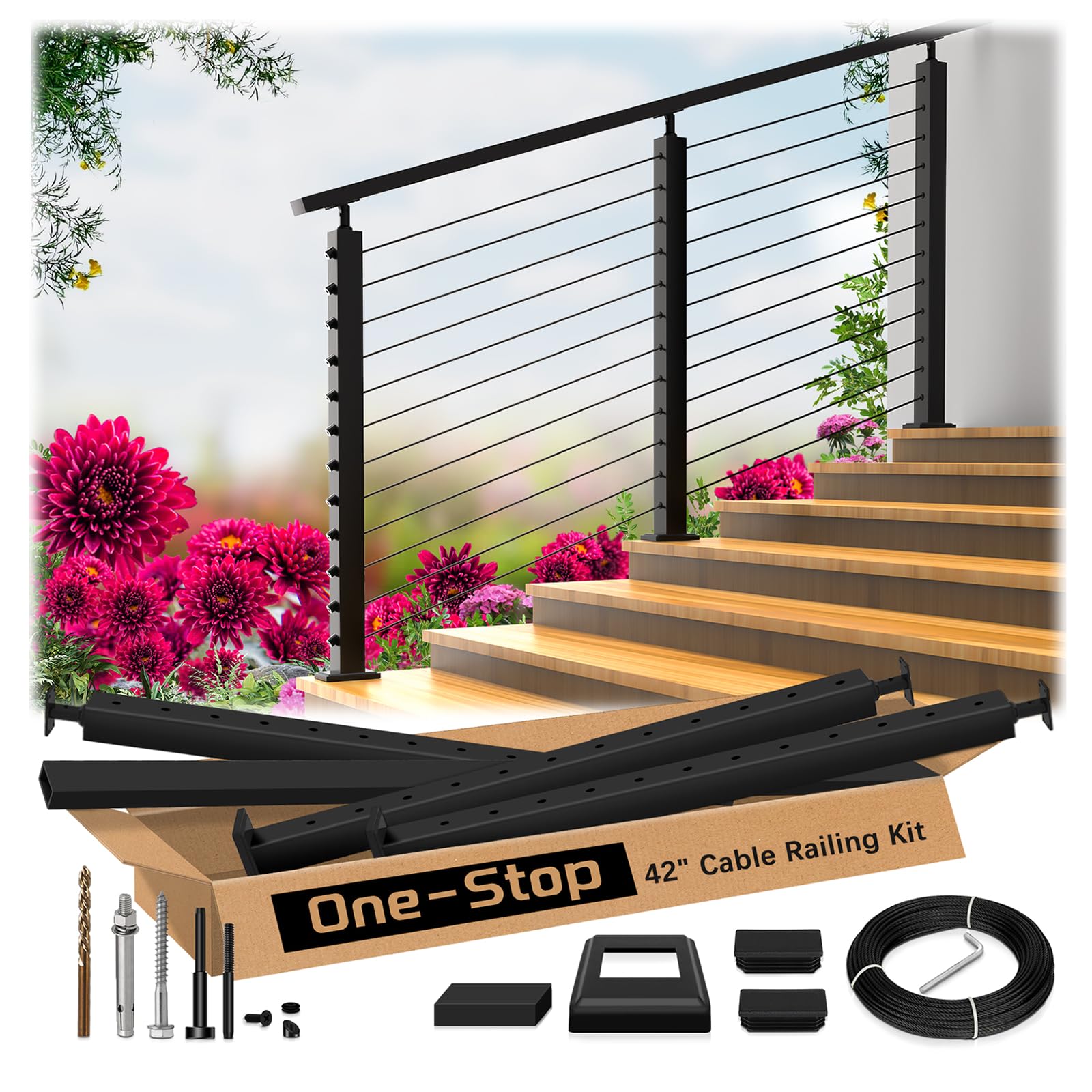 Photo 1 of Zylorix 4ft-8ft Complete Set 33° Drilled Cable Railing System 42" with Handrail Adjustable, T304 Stainless Steel Black Angle Cable Railing Posts Kit with 1/8" Cable Railing Hardware for 25-35° Step