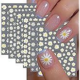 6Sheets Daisy Nail Art Stickers,Floral Daisy Nail Decals Spring Summer 3D Self-Adhesive Nail Art Supplies White Yellow Petals Flowers Spring Nails Decals for Women DIY Acrylic Nail Decorations
